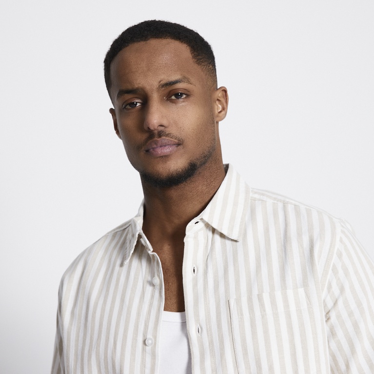 Short sleeve linen blend shirt "Isak Stripe" Light Beige